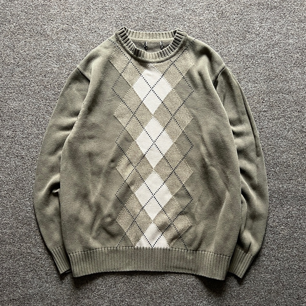 Vintage Argyle Diamond Crewneck Pullover Sweater Mens L Taupe Cream Grandpa Core